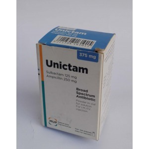 Unictam ( sulbactam 125 + ampicillin 250 mg ) powder in vial for solution for IV or IM injection 375mg 